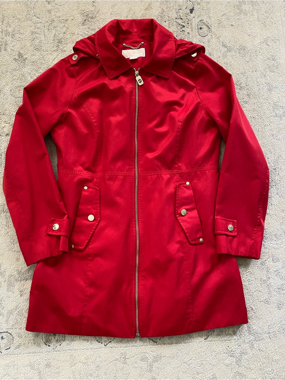 Michael Kors Hooded Rain Jacket Trench Coat Medium Red w/ Gold Hardware